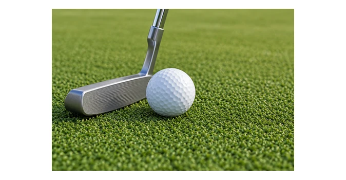 Palo de golf y pelota blanca sobre una superficie verde