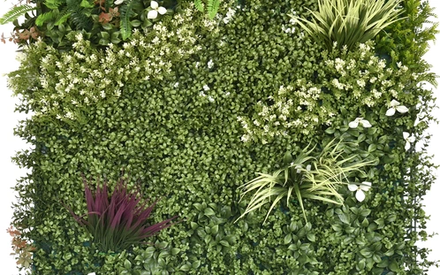 Panel vegetal decorativo con flores blancas y hojas de varios tonos
