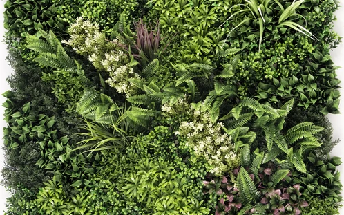 Panel vegetal decorativo con helechos y hojas verdes