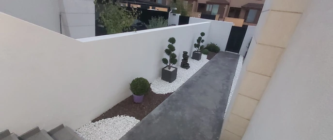 Grava blanca con pequeños arbustos junto a un muro