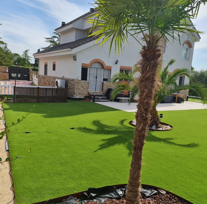 Jardín con palmera y césped artificial junto a una vivienda