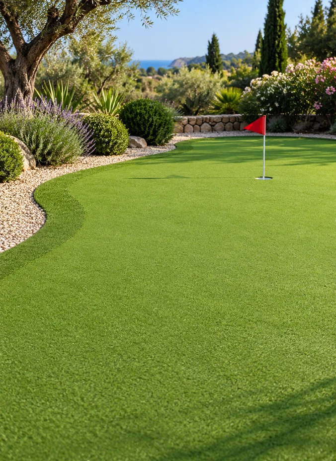 Putting green con bandera rodeado de vegetación